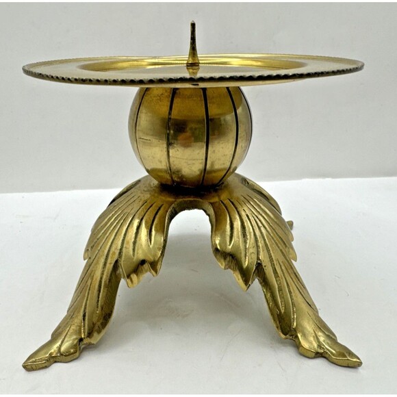 Vintage Mid Century Modern Leaf Lotus Large Brass Pillar Candle Holder 4.5 X4.5 - Picture 1 of 8